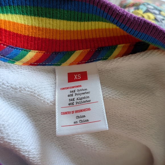 Rainbow Trim Cropped Long Sleeve Top | Pride Retro Y2K White Sweatshirt - Picture 4 of 5